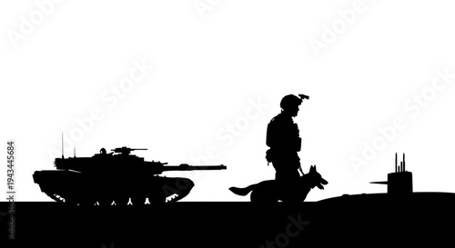Military Soldier with Dog and Tank Silhouette, Submarine in Background