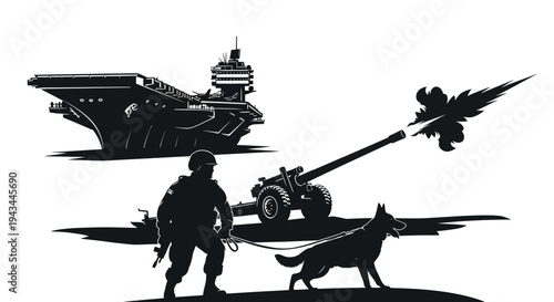 Military Soldier with Dog, Aircraft Carrier, and Cannon Firing