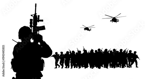 Military Soldiers and Helicopters Silhouette - War and Combat Scene