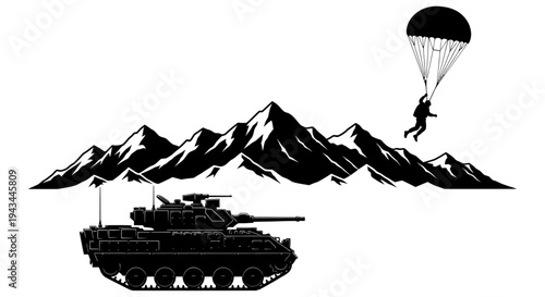 Military Tank and Paratrooper Descending Over Snowy Mountains Silhouette