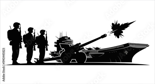Military soldiers with artillery gun firing on a warship, war concept