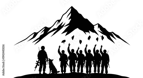 Military Team Silhouette with Dog and Mountain Background