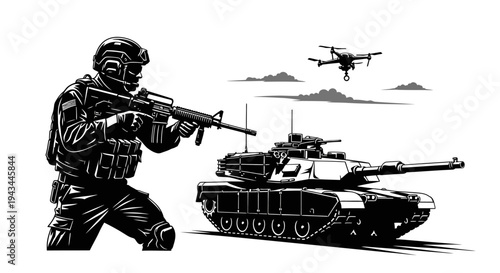 Modern Warfare: Soldier, Tank, and Drone in Combat Scenario