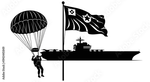 Parachutist Jumps Near Aircraft Carrier with Flag
