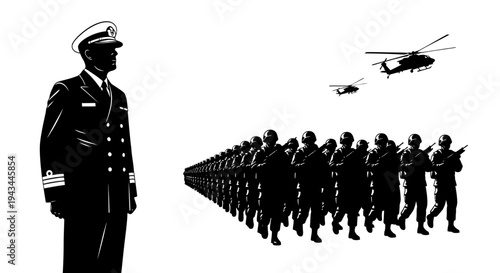 Naval Officer Inspects Military Parade with Helicopters Flying Overhead