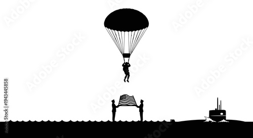 Paratrooper Descends to Receive American Flag from Submarine Crew