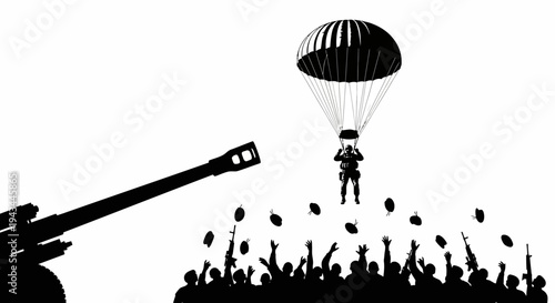 Paratrooper Descends Amidst Falling Grenades and Artillery Gun Silhouette