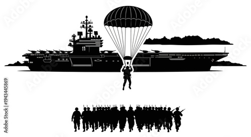 Paratrooper Jumps from Aircraft Carrier onto Soldiers Below - Military Operation
