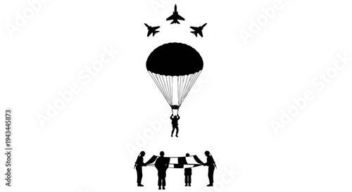 Paratrooper Jumps From Plane with Fighter Jets Flying Overhead, Flag Bearers Below