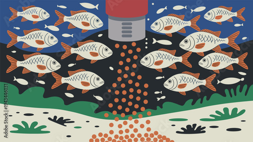 Underwater mining industry affecting marine environment. Illustration depicting industrial seabed mining and environmental consequences.