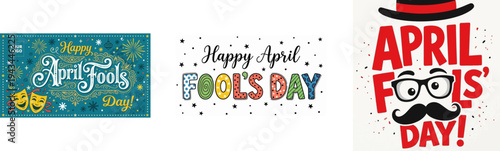 april fools day typography set with playful lettering colorful background funny glasses and mustache festive prank celebration vector illustration collection isolated design
