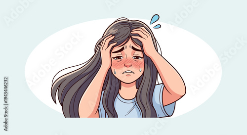 Woman with Headache and Stress Expression.