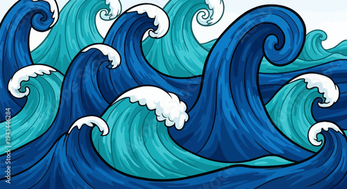 Blue Ocean Waves Illustration Artwork Design.