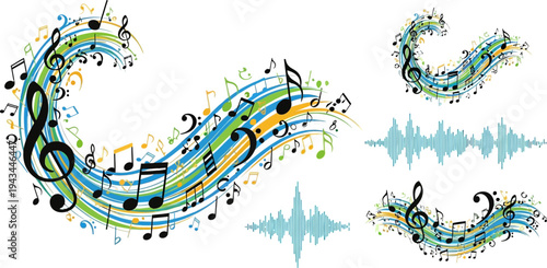 Colorful Music Notes and Sound Waves.