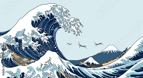 Large Wave Crashing with Birds Flying.