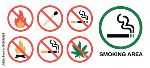 prohibition smoking and fire icons in flat style, no cigarette and no flame symbols with red ban circle for safety warning, hazard prevention, and public health regulation vector set.
