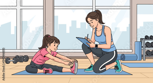 Personal Trainer Assisting Young Girl Stretching.