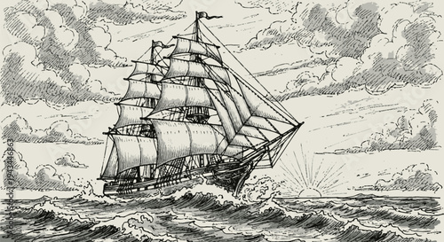 Vintage Illustration of a Sailing Ship at Sea.