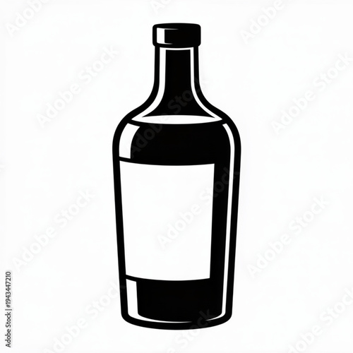 Straight‑on view of a minimalist black line illustration of a bottle with blank label, centered on plain white background for template purposes