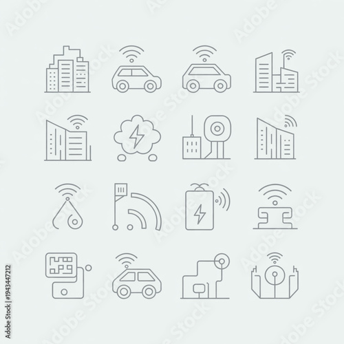Top-down view of sixteen line-drawn technology icons depicting smartcity connectivity, iot concepts, and infrastructure on a white background