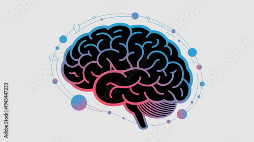 Dynamic colorful brain illustration viewed from the left side, centered on light gray background, vibrant vector artwork showcasing neural sections