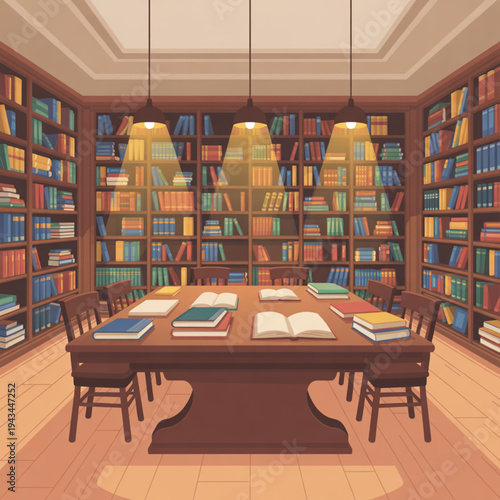 3D Rendered Illustration of a Central Table Surrounded by Shelves and Soft Lighting