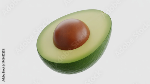 Close-up digital illustration of a halved avocado, highlighting its green skin, creamy interior and central pit, set against a gradient background