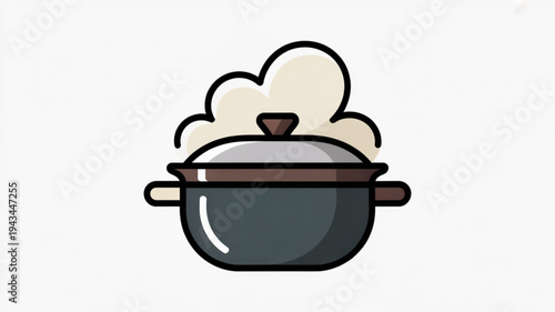 Side view of a cartoon pot with steaming broth, brown handles and gray lid, simple illustration for culinary graphics, centered on white background