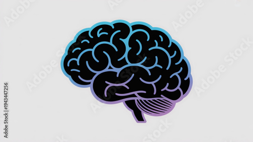 Side view vector illustration of a human brain with blue and purple outlines, centered in a split gray-white background, highlighting anatomy
