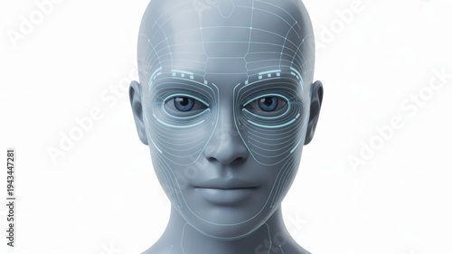 Technical illustration of a bald human head with blue‑gray skin, detailed facial grid overlay, viewed from shoulders up in a clean white environment