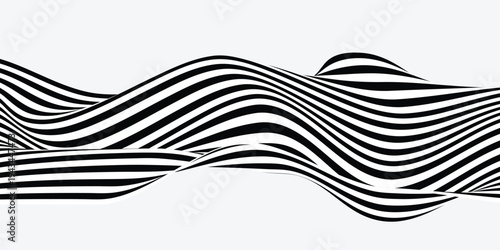 Abstract black and white striped waves forming a wavy pattern on a light grey background, optical illusion effect
