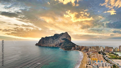 Calpe aerial view with Penon de Ifach and marina at sunset, Costa Blanca, Alicante, Spain