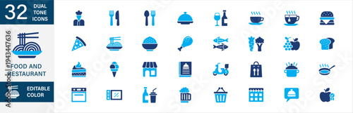 Restaurant and food icon set in blue dual tone color design. Contains icon symbol of chef, cook, fork, spoon, knife, service, reservation, store, beverage, seafood, dessert, menu, vegetables, delivery