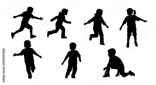 Children Silhouettes: Diverse Playful Actions and Poses of Kids in Motion