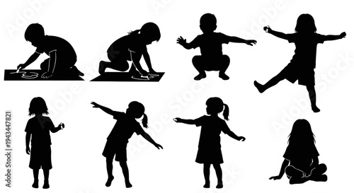 Children Silhouettes: Diverse Playful Poses of Kids in Motion, Drawing, and Sitting