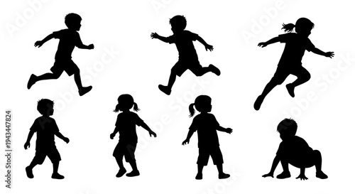 Children Silhouettes: Diverse Playful Poses of Kids Running, Jumping, and Crawling