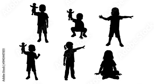 Children Silhouettes: Diverse Poses and Playful Actions