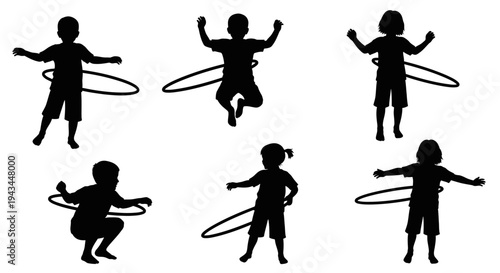Children Silhouette Hooping Fun: Six Kids Playing with Hula Hoops in Various Poses