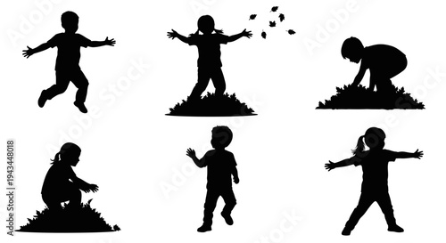 Children Silhouette Playing Outdoors in Autumn Leaves