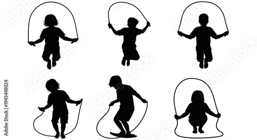 Children Silhouette Jumping Rope Set: Active Kids Playing Outdoor Fun, Exercise, Childhood Recreation