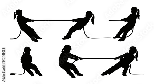 Children Silhouette Tug of War Game - Six Poses