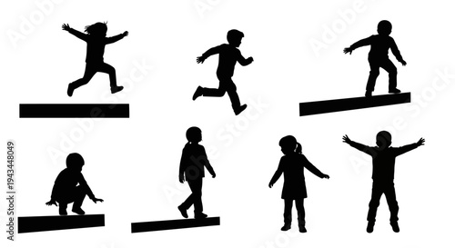 Children Silhouettes: Active Kids Jumping, Running, Balancing on Beams, Playing Outdoors