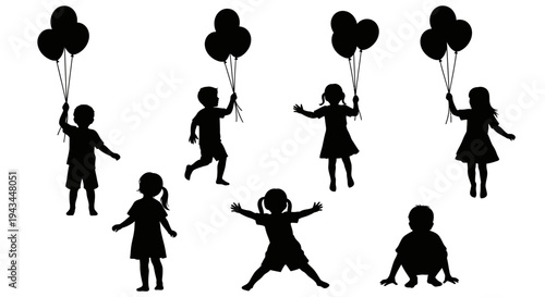 Children Silhouette with Balloons, Happy Kids Playing Outdoors, Childhood Fun
