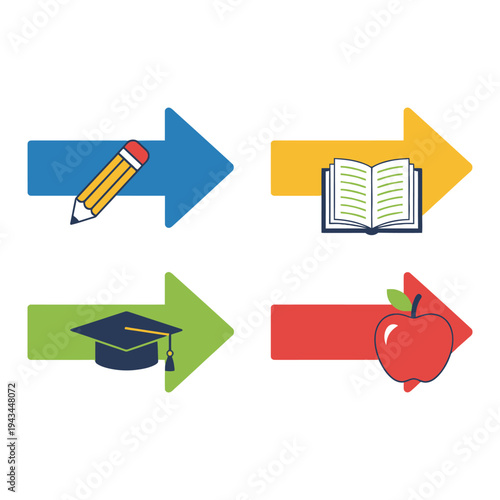 Education and learning progress arrows with icons for pencil, book, graduation cap, and apple.