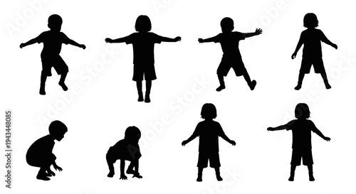 Children Silhouettes: Active Kids Poses Collection, Diverse Movements and Playful Actions