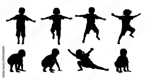 Children Silhouettes: Active Kids Poses, Jumping, Crouching, Playing, Dynamic Movement Collection
