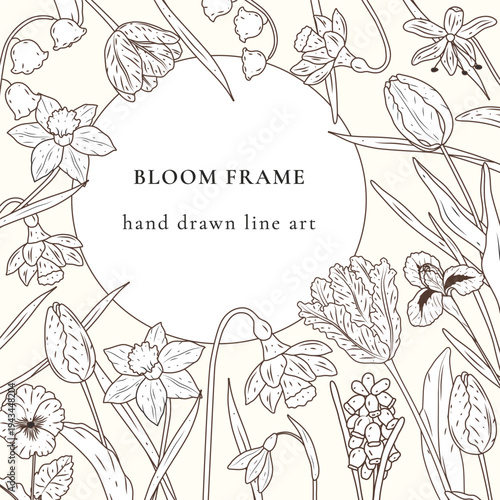 Elegant bloom frame with hand drawn line art spring flowers. Vector botanical illustration featuring tulips daffodils lily of the valley for wedding invitation greeting card and organic packaging.