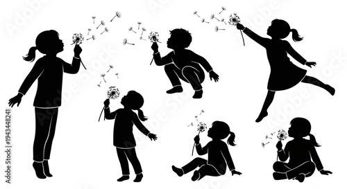 Children Silhouettes Blowing Dandelions, Joyful Childhood Moments, Outdoor Play