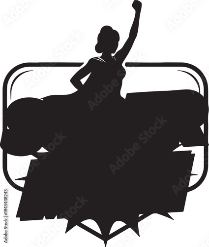Dynamic superhero woman silhouette with arm raised triumphantly within a decorative frame, representing strength, power, and success.