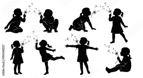Children Silhouettes Blowing Dandelions, Playful Childhood Moments